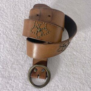 Vintage Bluenotes Brown Leather Boho Belt With Brass Tone Flowers